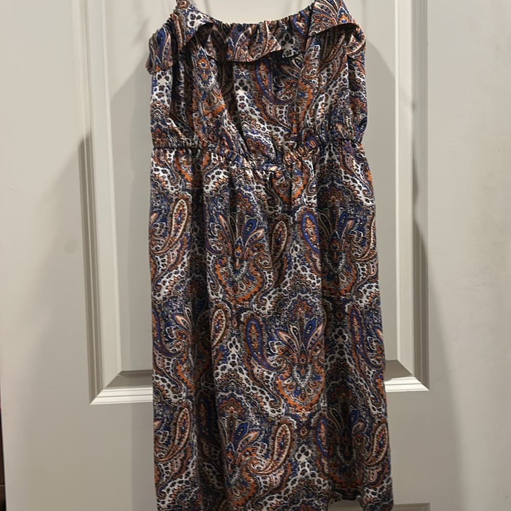 J CREW 100% Silk Paisley Ruffle Spaghetti Strap Dress elastic waist lined Size 0